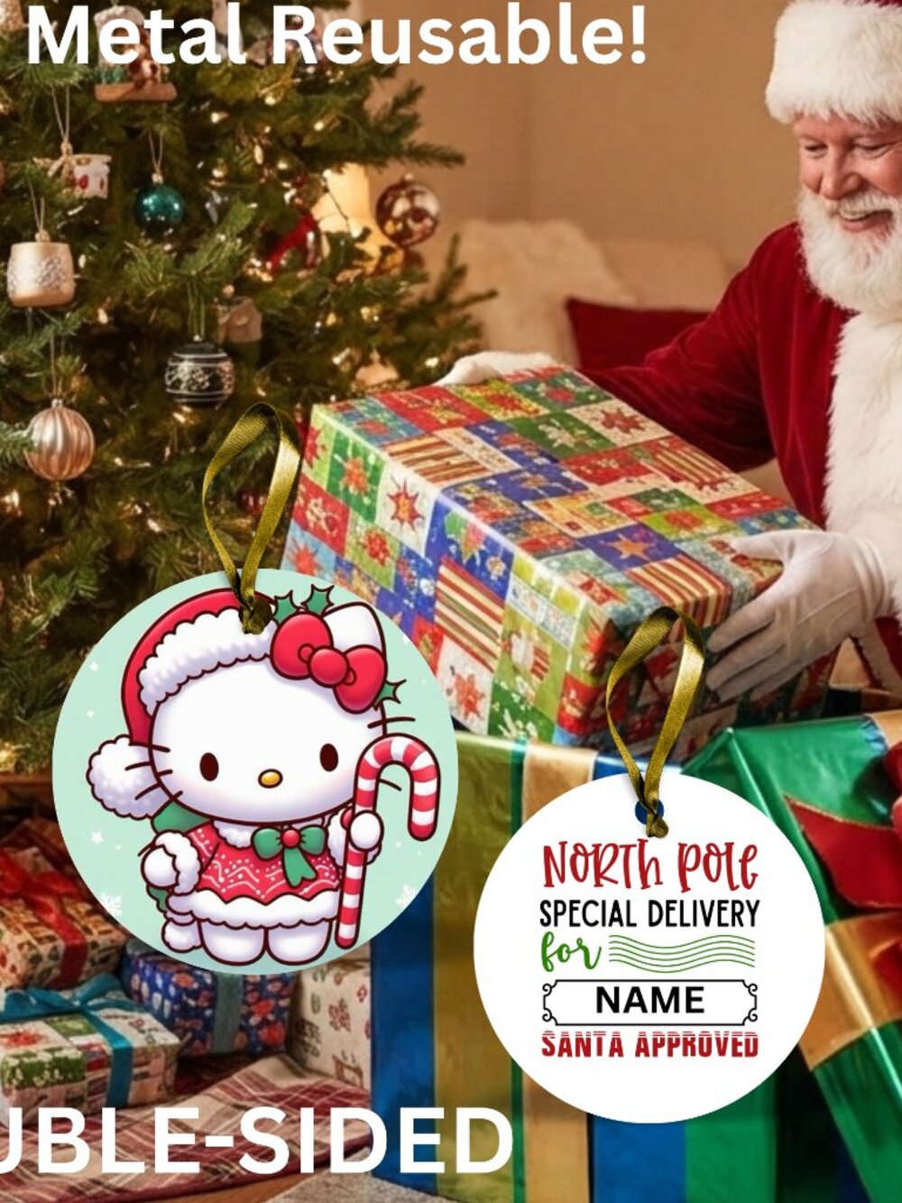Hello Kitty Santa Reusable Metal Christmas Tag Personalized.